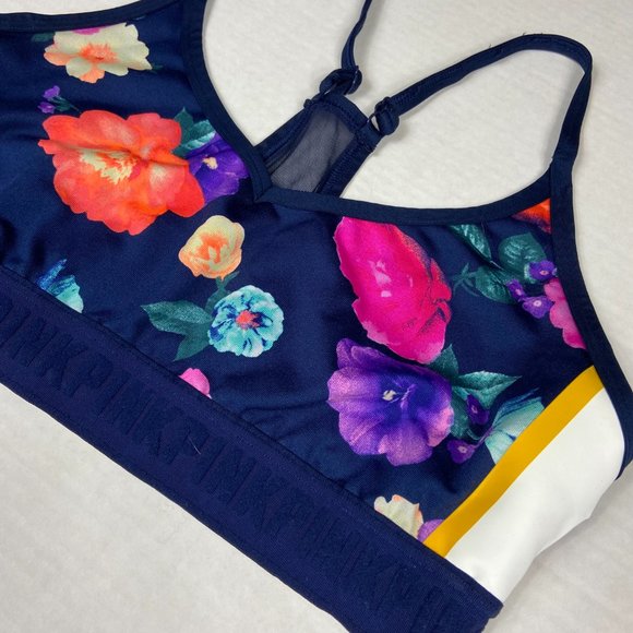 PINK Victoria's Secret Navy Floral Racerback Sports Bra with Yellow Accents - Picture 2 of 7